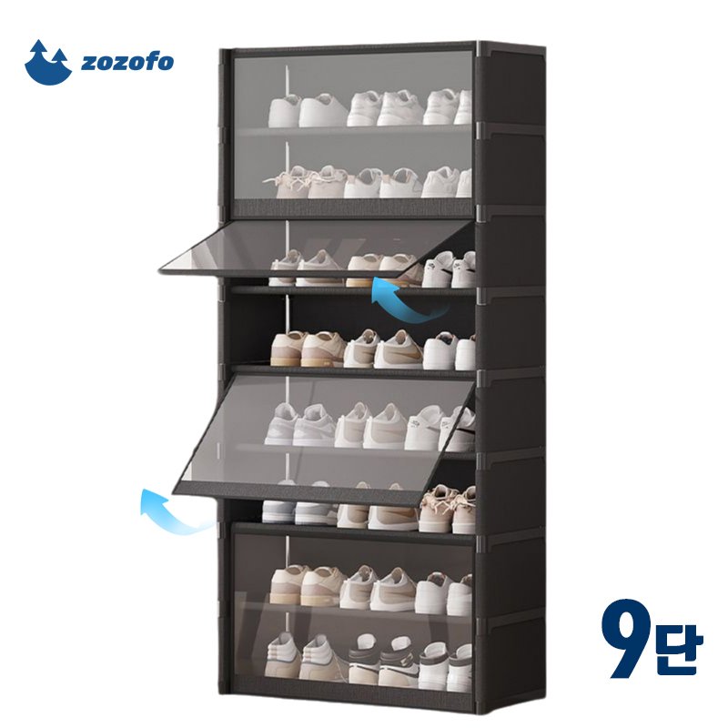ZOZOFO 신발장 신발정리대 9단 투명장롱문 현관신발장 수납 선반 고급형 슬림 공간활용 신발 정리대, 블랙-9단(64x30x139cm)-L, 1개할인 상세 이미지 1